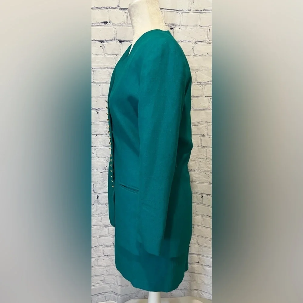 Vintage Sassoon Teal Skirt Suit With Gold Tone Buttons 2 Pcs Set Size 8 - Picture 4 of 13
